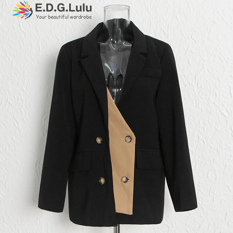 

EDGLuLu 2025 осенний новый двубортный свободный пиджак с отложным воротником, женские поддельные два черных пиджака 1005