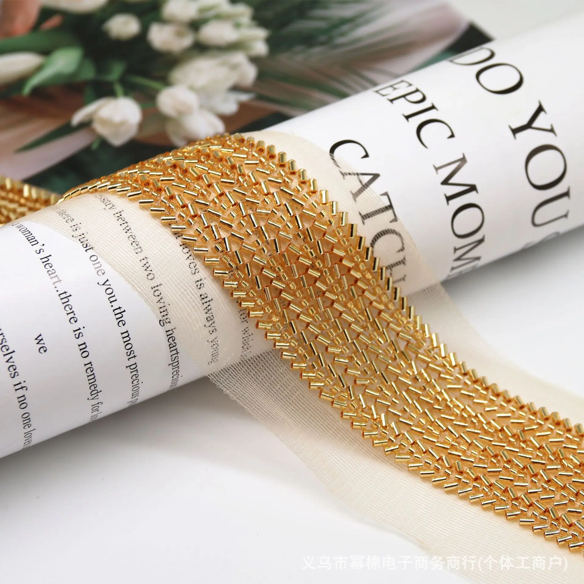 1y Gold Black Heavy Handmade Beaded Lace Ribbon Tape Trim Embroidered Collar Decoration African Net Cord For Sewing 4cm Wide