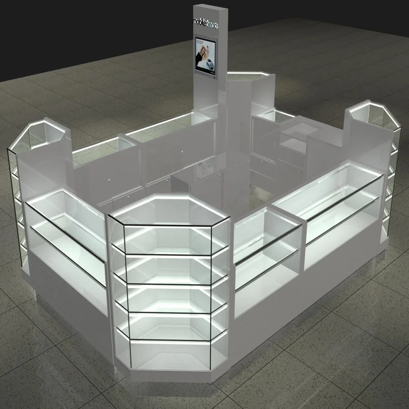 

custom，Modern MDF Cell Phone Showcase Display Counter Design with LED Light Lockable Mobile Kiosk Stand for Mall