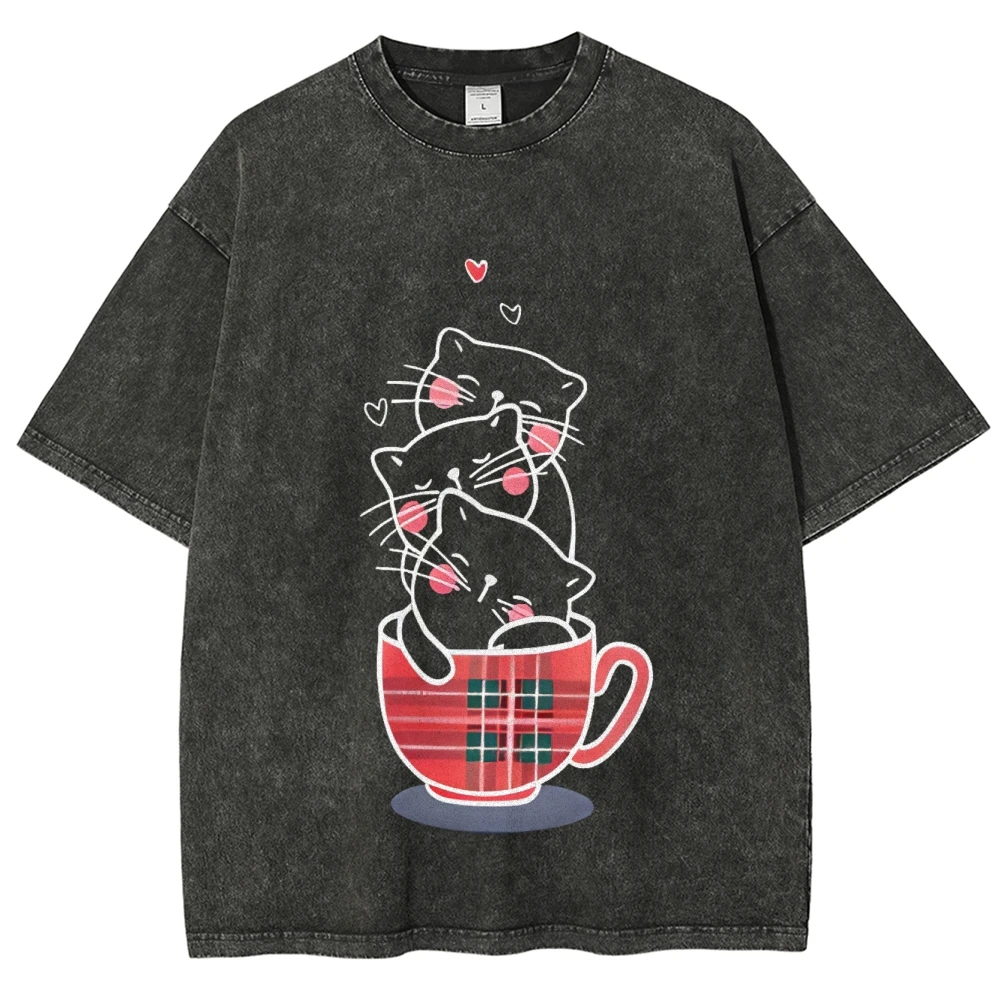 Cute Teacup Cat Print T-Shirt Fashionable Round Neck Casual Short Sleeve High Quality Cotton Summer 2025 New Unisex Jumper