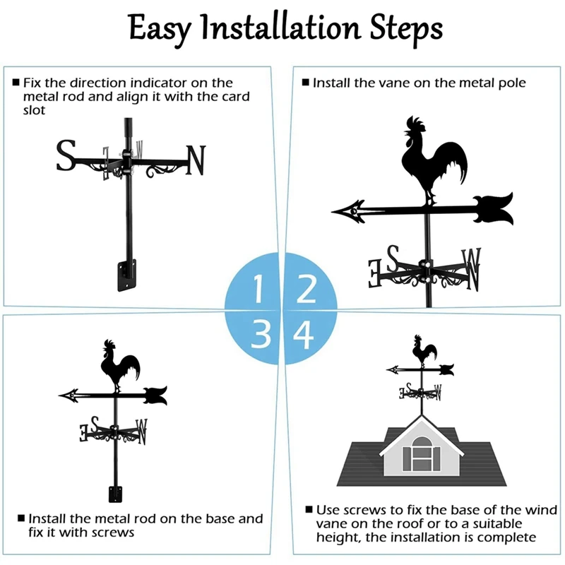 2X Rooster Weather Vane - Retro Cockerel Weathervane Silhouette - Decorative Wind Direction Indicator For Outdoor