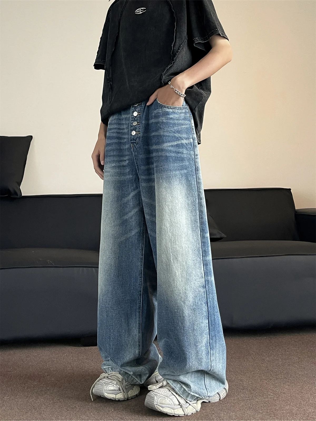

American Retro Button down Denim Jeans Men Loose Wide Leg Trendy Brand Button Head Handsome High Street Casual Long Pants