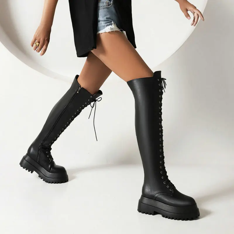 Patent Leather PU Black Punk Gothic Girls Winter Warm Shoes Lace-up Cross Tied Platform Thick Sole Flat Overknees Women Boots