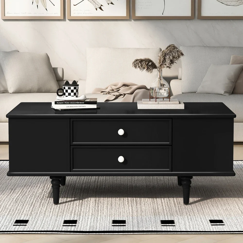 Rectangle Coffee Table with Four Drawers,Two Side Hidden Storage Compartments,Metal Handles，Four Solid Wood Legs, Coffee Table