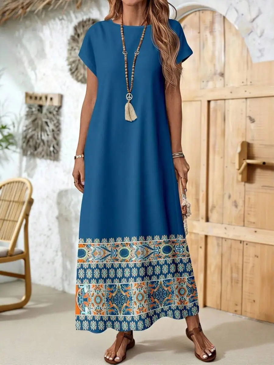 

Casual Bohemian Maxi Dress For Women Short Sleeve Modest Summer Dress With Patterned Hem