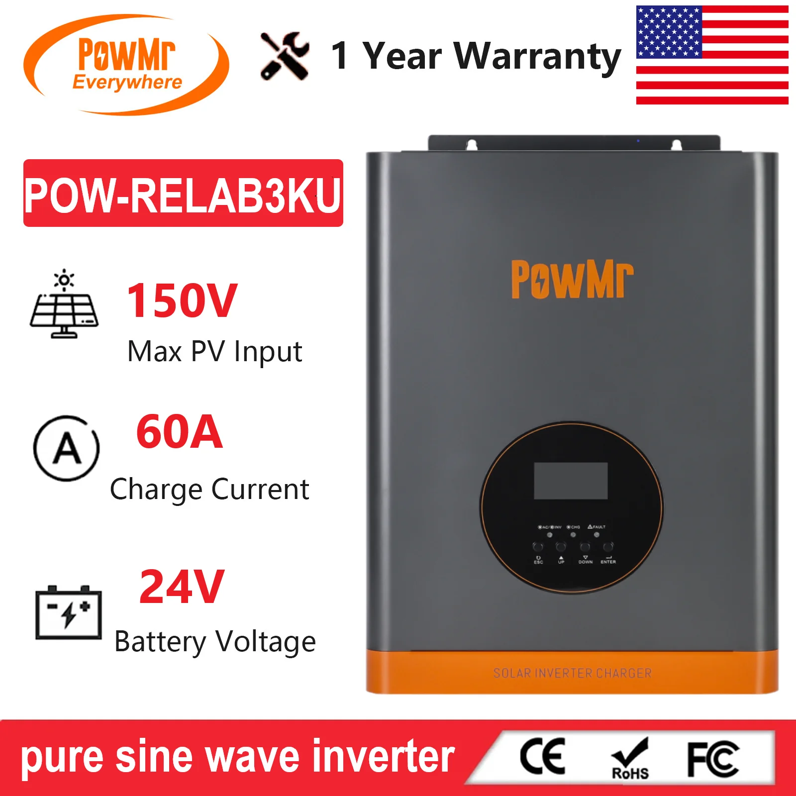 

PowMr 3000W 24V Hybrid Inverter Off Grid AC 220V 60A MPPT Charger Controller Max.PV 150V Off Grid Pure Sinus Wave Solar Inverter