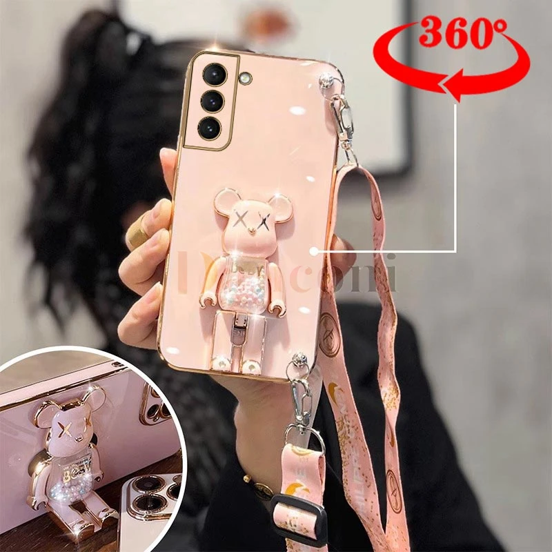 Cartoon Bear Lanyard Plating Phone Stereoscopic Holder Case For Samsung Galaxy S21 S21 Ultra A52S A31 A72 S10 A23 S9 A22 Cover image 3