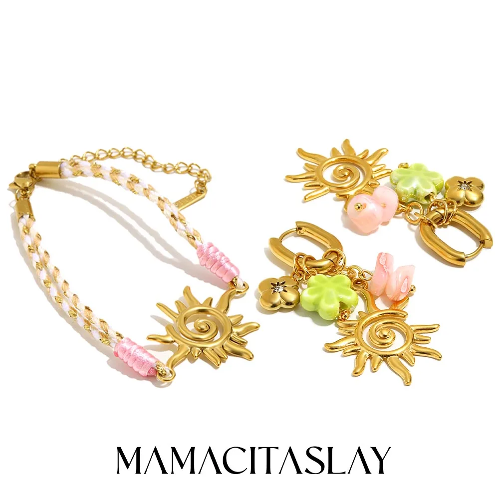 MamacitaSlay 316L Edelstahl Gewindete Sonnenblumen-Ohrringe Handgefertigtes Armband 18K Vergoldet Wasserfestes Schmuckset Geschenk