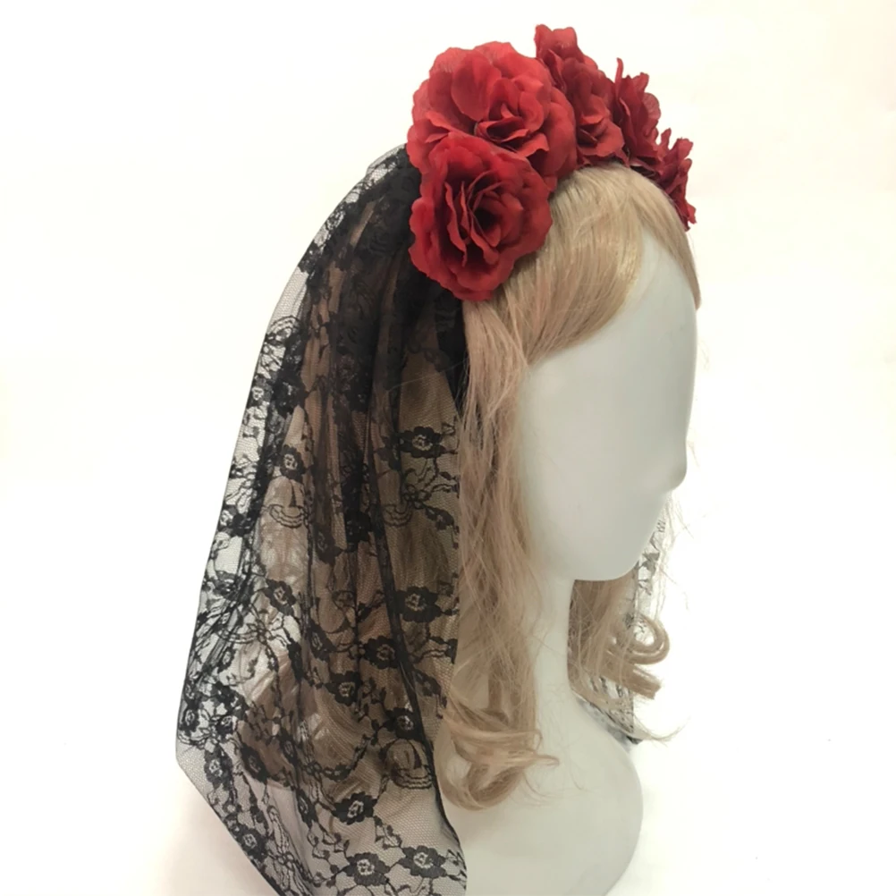

Black Lace Veil Headb Red Roses Fabric Flower Wedding Bridal Ghost Halloween Cosplay Party Headwear Accessories