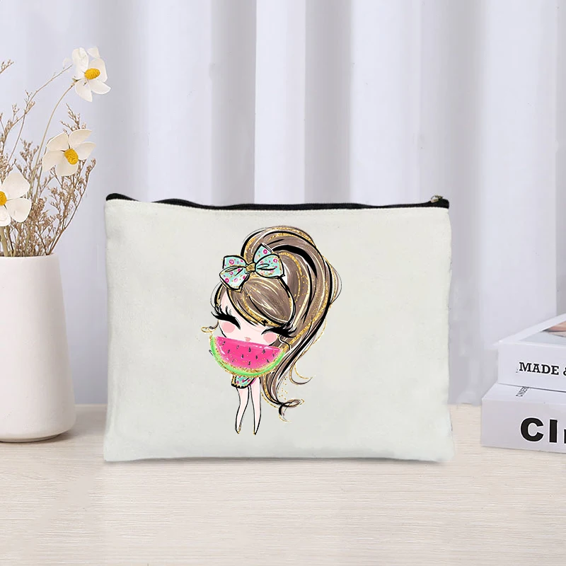 Cute Cartoon Elf Girl Printed Cosmetic Bag Casual Eco Canvas Travel Organizer Kit Ladies Party Gift Clutch Kids Pencil Case