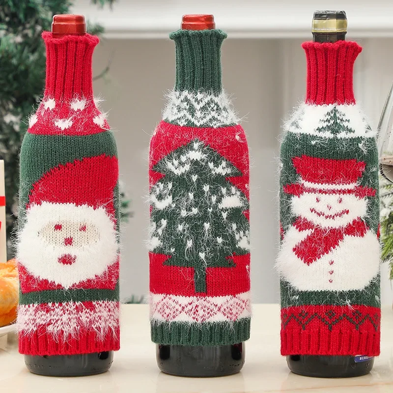 

Cute Knitted Wine Bottle Cover Christmas Table Decoration Cartoon Santa Claus Snowman Pattern Red Wine Bottle Decor Xmas Gift