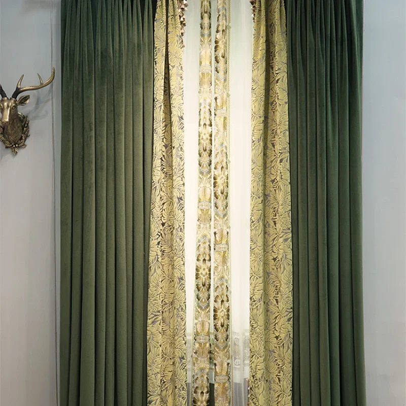 Luxury Retro Dark Green Embroidery Mosaic Flannel Curtains Living Room Bedroom Curtains Curtains for Living dining room bedroom