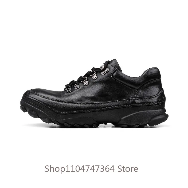 Designer Washed Horsehide Retro Mountaineering Derby Shoes Men Commuting Thick Soled Casual Leather Shoes Male Hiking Non‑Slip