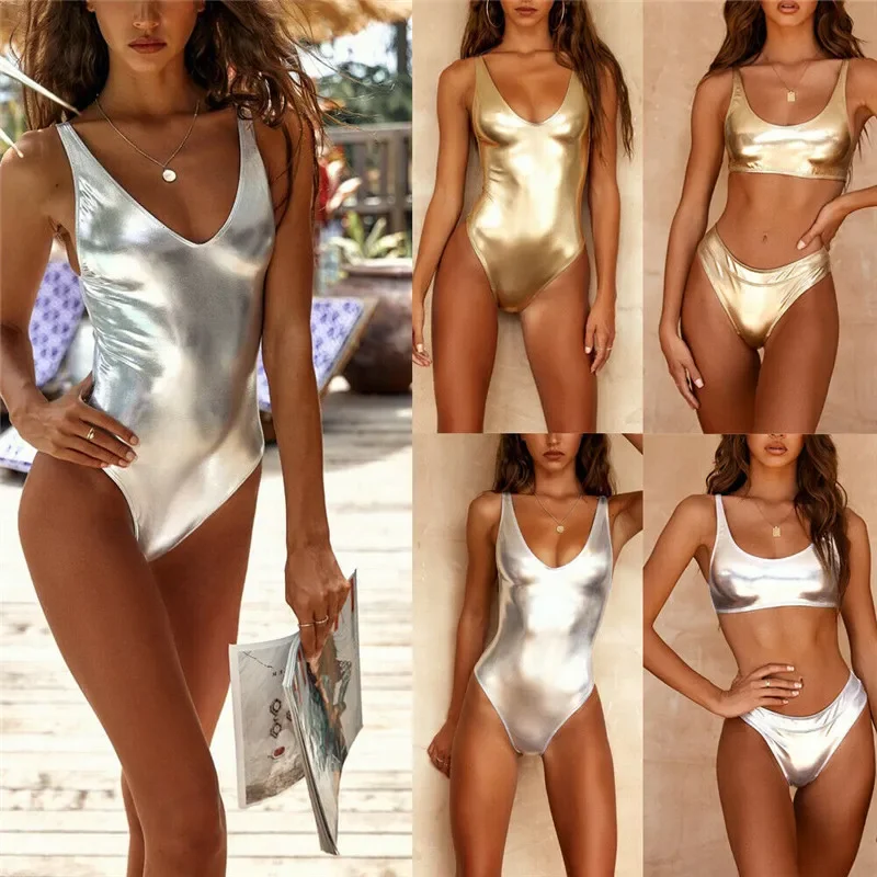 Shiny  One_piece Swimsuits Women Gold Silver Metallic Leather Scoop Neck Bikini Set For Women Summer Bathing Suits Beachwear