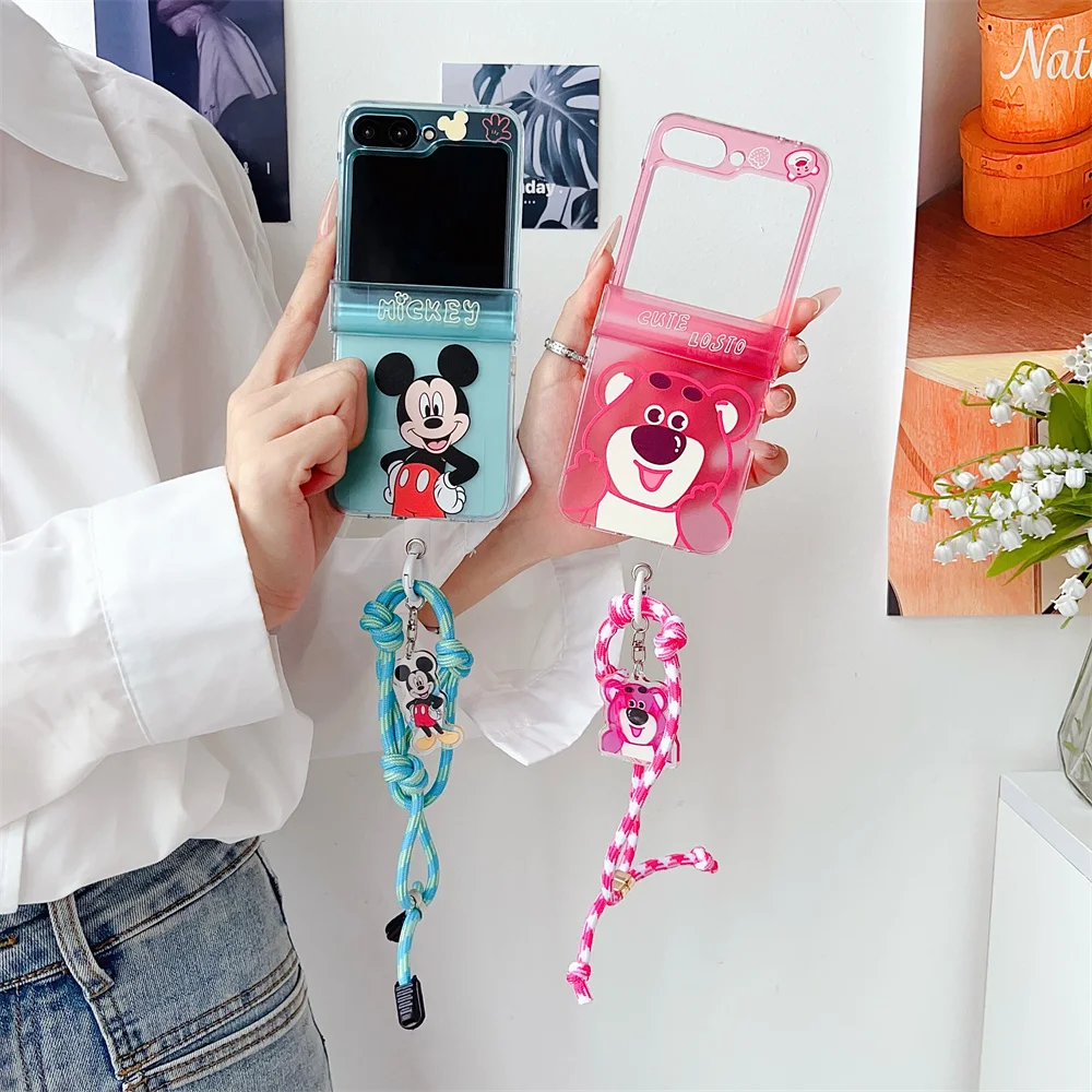 Cute Cartoon Mickey Bear Lanyard Wrist Strap Phone Case For Samsung Galaxy Z Flip Fold 6 5 4 3 generation Shockproof Cover