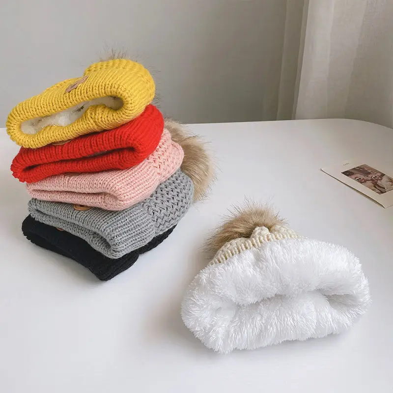 Fodera in peluche cappello invernale per bambini pompon bambini Beanie sciarpa palla di pelo orso berretto per bambini per ragazze ragazzi cappelli