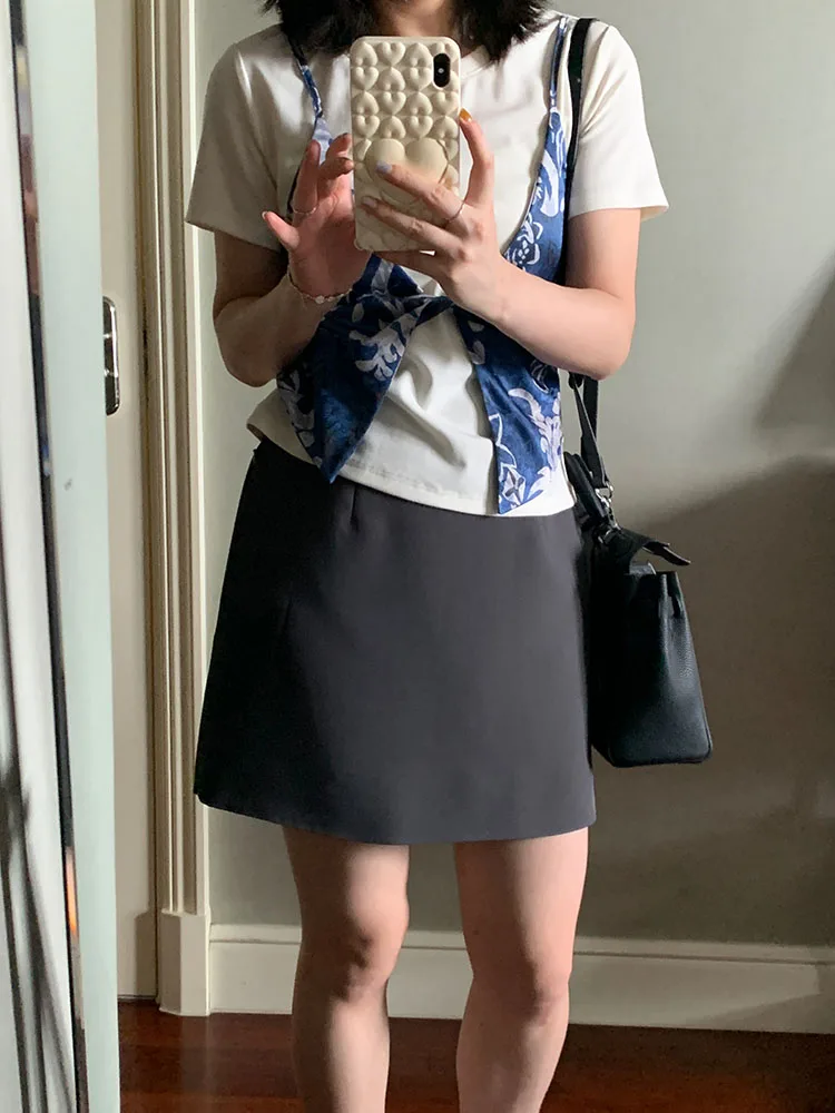 

Summer ey Anti-Wrinkle Zipper Side High Waist A-Line Skirt Ladies Casual Breathable Polyester Fiber Stand Fit Skirt