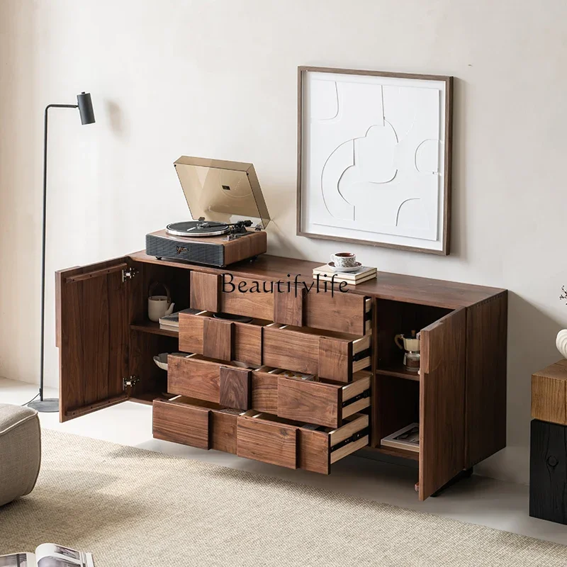 

yj19 Medieval black walnut solid wood dining side cabinet simple modern living room storage drawer cabinet