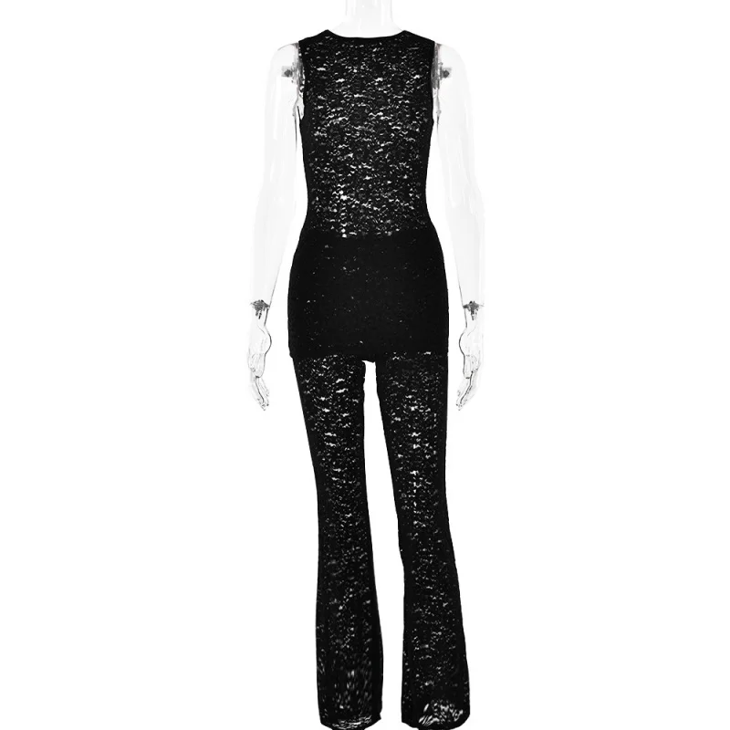 New Arrival Hot Sale Lace Two-Piece Set Sexy Hot Girl round Neck Sleeveless Top Slim Trousers Suit