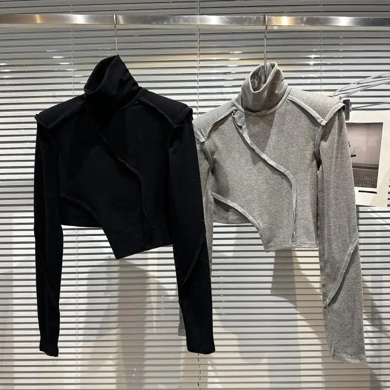 

Новая зимняя женская футболка с высоким воротником, облегающая, с открытыми плечами, с рваными краями, повседневная, из хлопка.