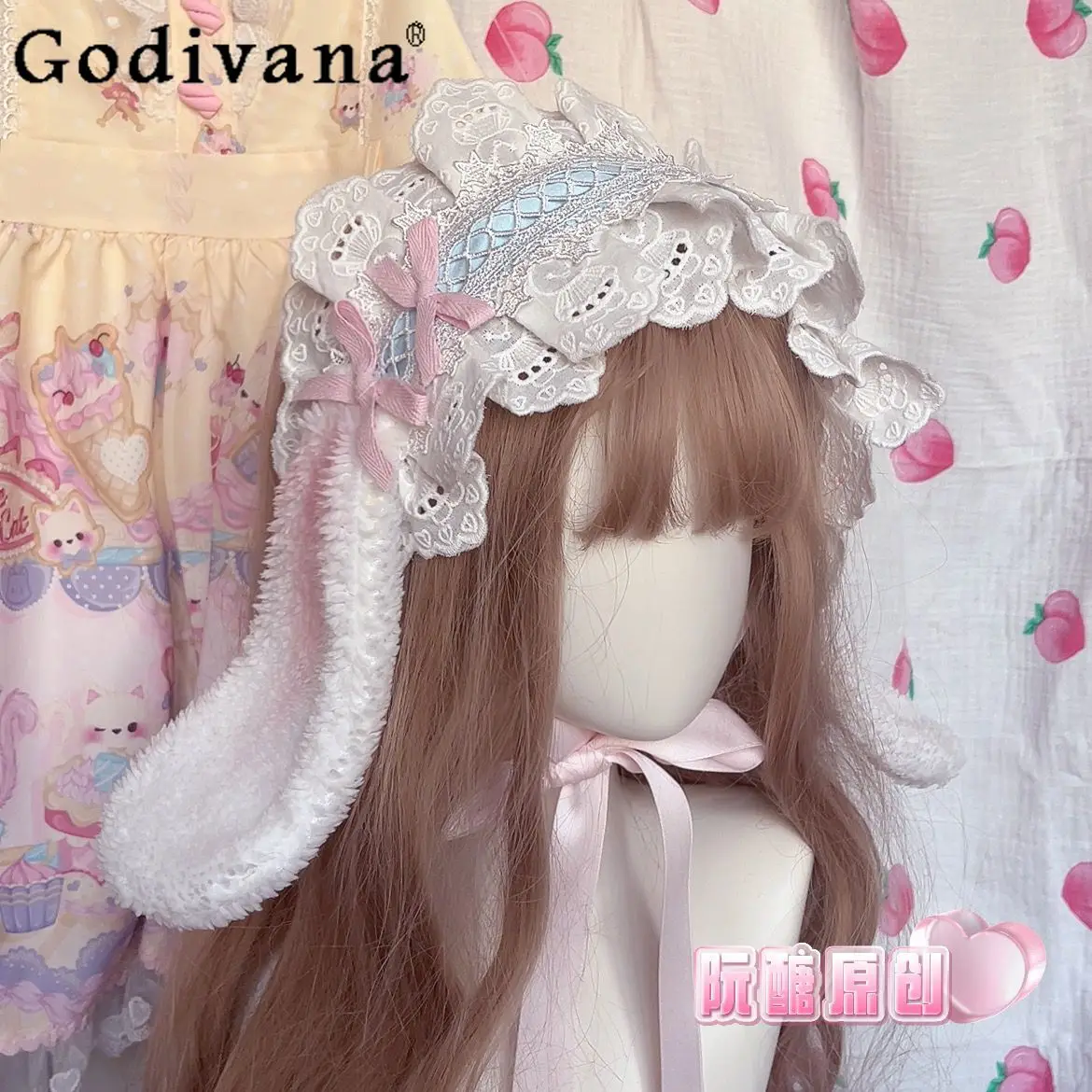 

Оригинальная японская повязка на голову с ушками кролика в стиле Лолиты, милый бант для девочек, универсальный аксессуар для волос