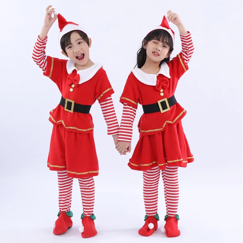 Boy Girl Christmas Santa Claus Costume Suit Xmas Party New Year Fancy Dress Clothes Set Children's Red Elf Cosplay Garment