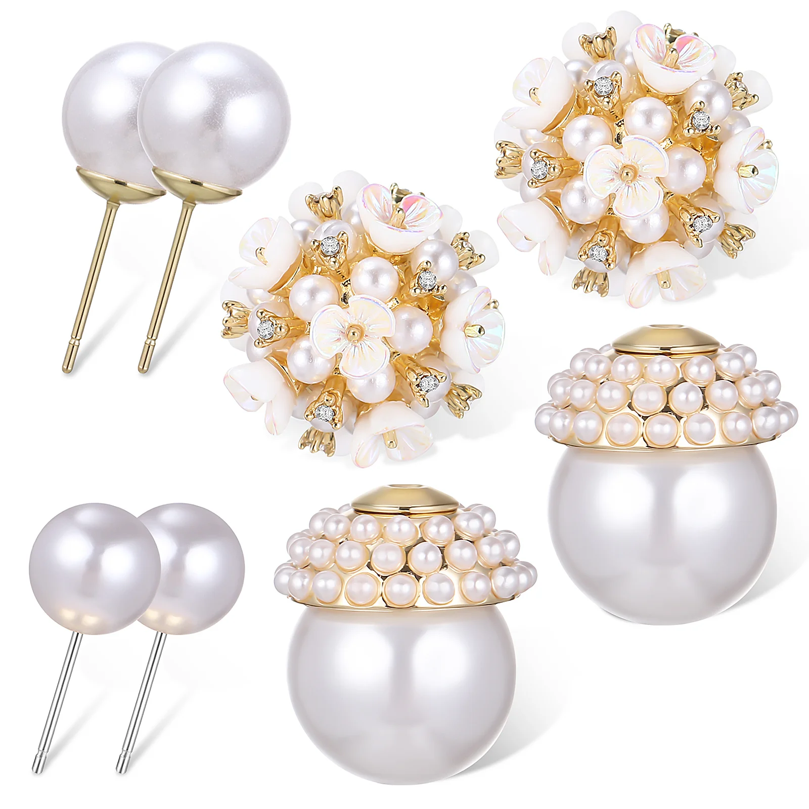 2 Pairs Earrings Women Pearl Double Sided Stud Flower for Silver Needle Alloy Ball Miss