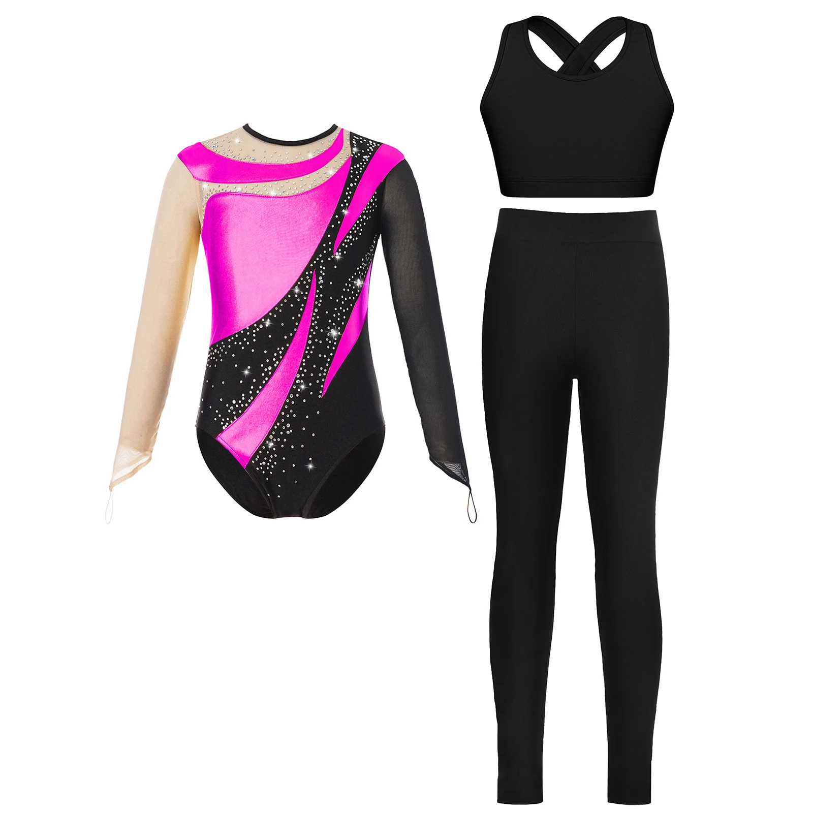 Kids Girls Ballet Gymnastics Jumpsuit Rhinestones Figure Skating Leotard Tops with Gymnastic Leggings Long Sleeve Yoga Bodysuit