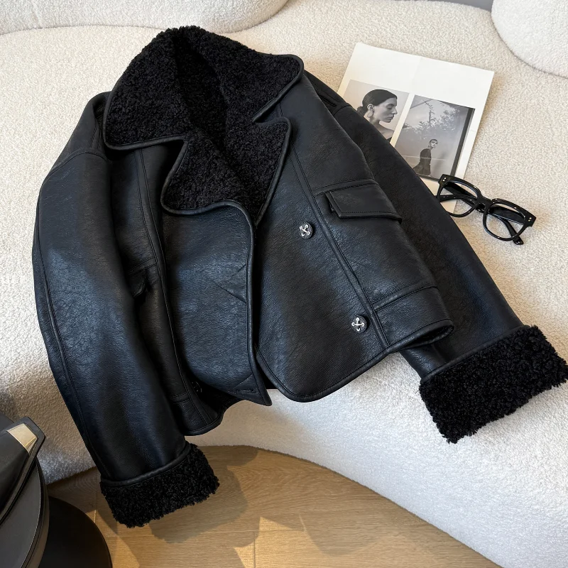 Giacca in Pelle Bla con Pelliccia per Donna, Stile Invernale Coreano, Abbigliamento da Moto, Top Premium per Signore