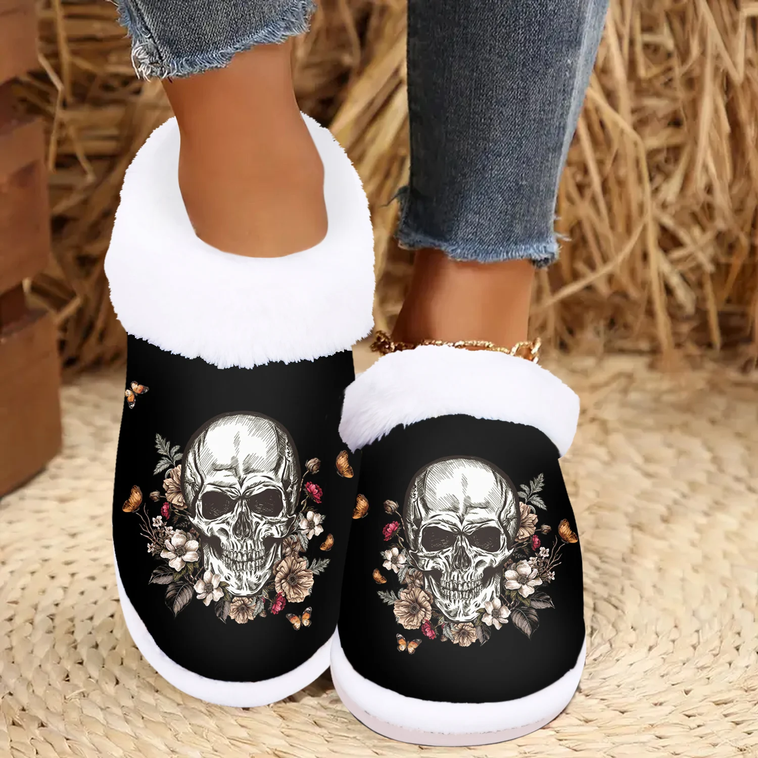 

Skull Print Halloween Gifts for Women, Women's Slippers Indoor/Outdoor, Soft Memory Foam House slippers,Comfy Fuzzy House Shoe