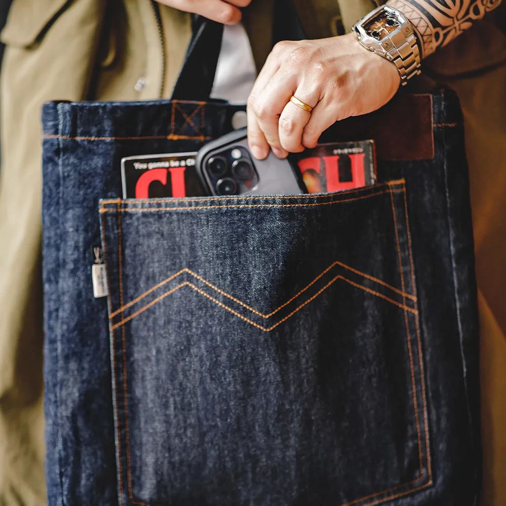 Maden Unisex Retro 14oz Denim Bags Single Shoulder Crossbody Bags Embroidered Versatile Hand-held Tote Large Capacity Bags