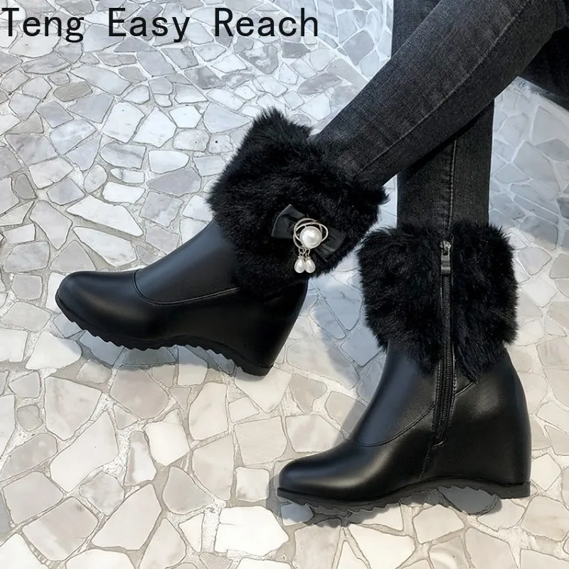 Women Boots Autumn Winter Warm Fur Height Increasing Ankle Pu Snow Boots Round Toe Pearl Patchwork 2024 New Sexy Fashion White