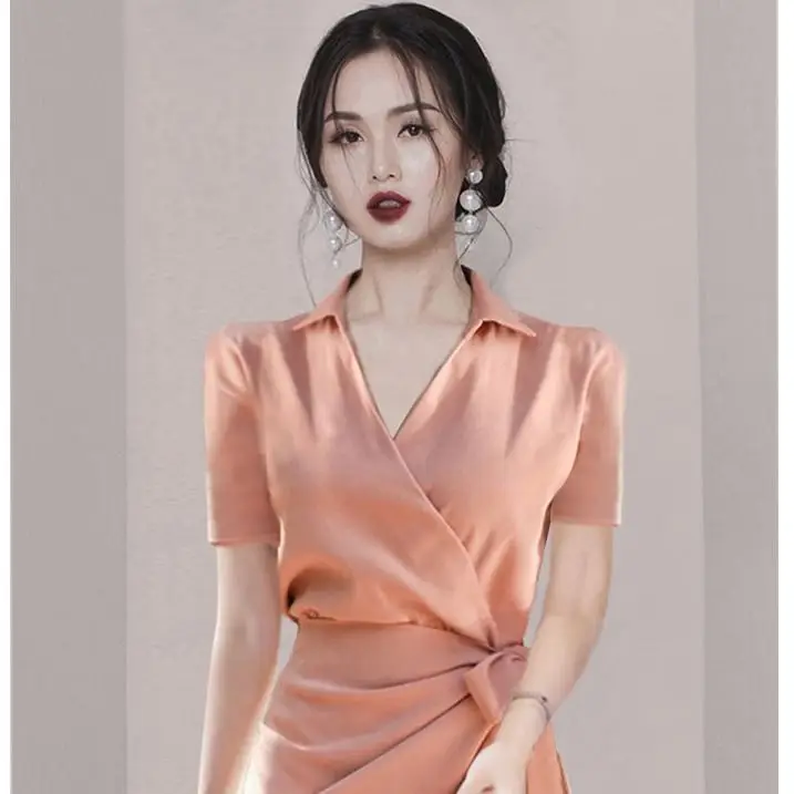 2024 Summer V Neck Shirt Dress for Women Elegant Slim Fit Tie Waist Short Sleeve Office Lady Style Fashionable OL Outfit Trendy