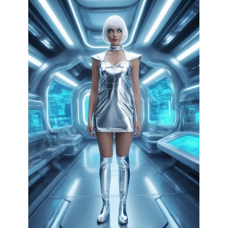 Fantasia de cosplay de era mecânica, traje espacial prateado, roupas para performance em palco, traje tradicional chinês feminino