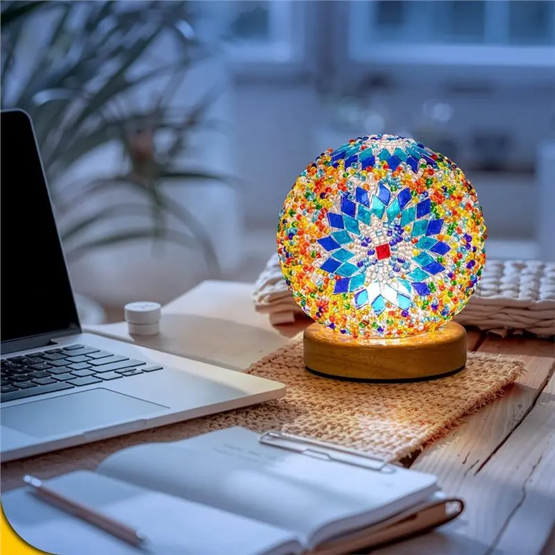A60zmoroccan Glass Lantern Table Lamp, Turkish Mosaic Lamp, 3 Color Temperature USB-Powered Bedside Light For Bedroom Roommay