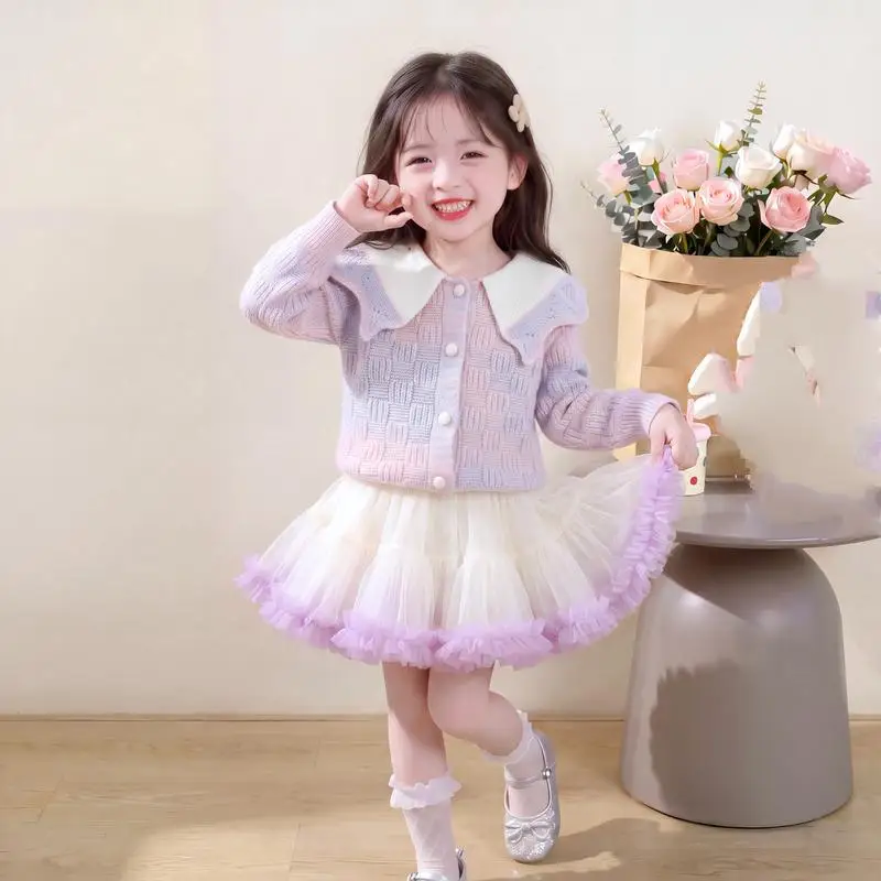 Girls' Knitted Sweater Puff Skirt Set for Autumn and Winter, Rainbow Gradient Collar Cardigan, Mesh Stretch Skirt Two Piece Set