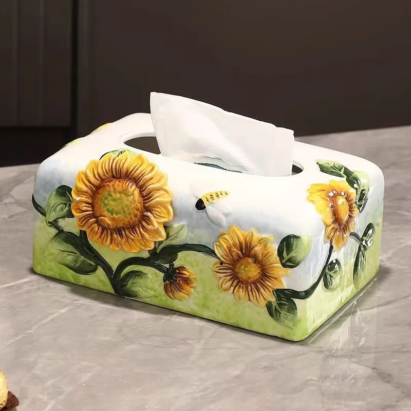 صندوق مناديل سيراميك عباد الشمس على الطراز الأوروبي الجديد، صندوق ورقي لتزيين طاولة القهوة المنزلية #4