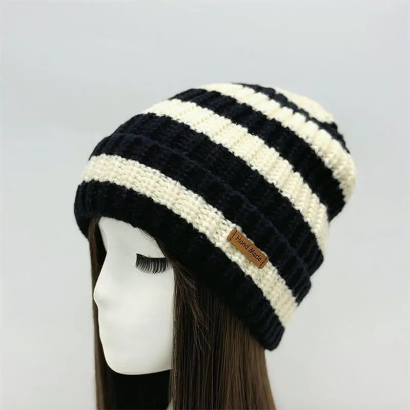 Japanese Stripe Letter Loose-fit Large Head Circumference Wool Cap Women's Autumn/winter Warm Versatile Knit Cap Men