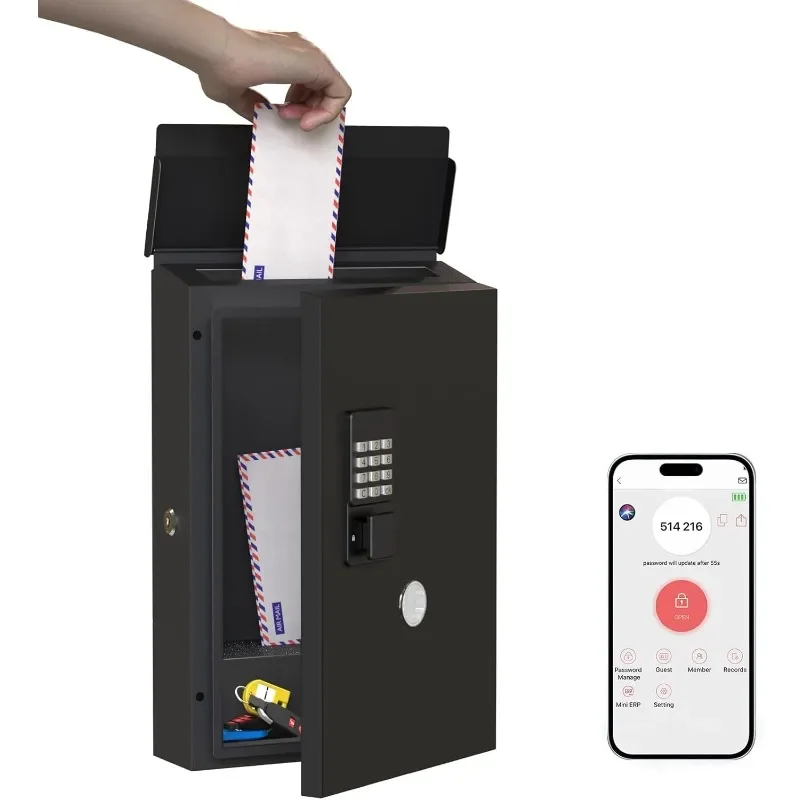 

Wall Mount Locking Postbox,Key Drop Box with Electronic Lock, One Time Code/APP Bluetooth/Wi-Fi/Fixed Code/Key Unlock