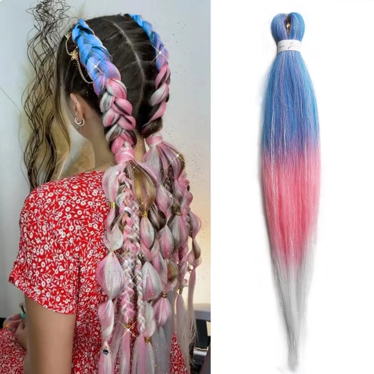 Colored Braiding Hair Braids Ombre Yaki Straight Braiding Hair Blend Hair Tinsel, Teal Pink Purple 26 inch Festival Rave Hair