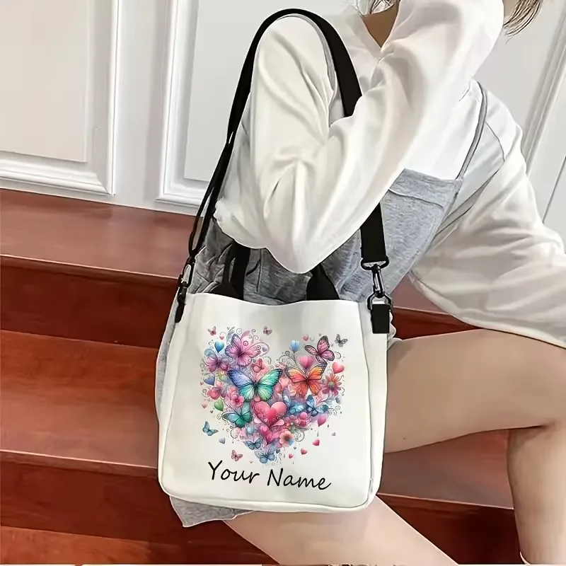 Custom Name Retro Rainbow Butterfly Floral Crossbody Bag-Personalized Colorful Design White Shoulder Bag for Women, Perfect Gift