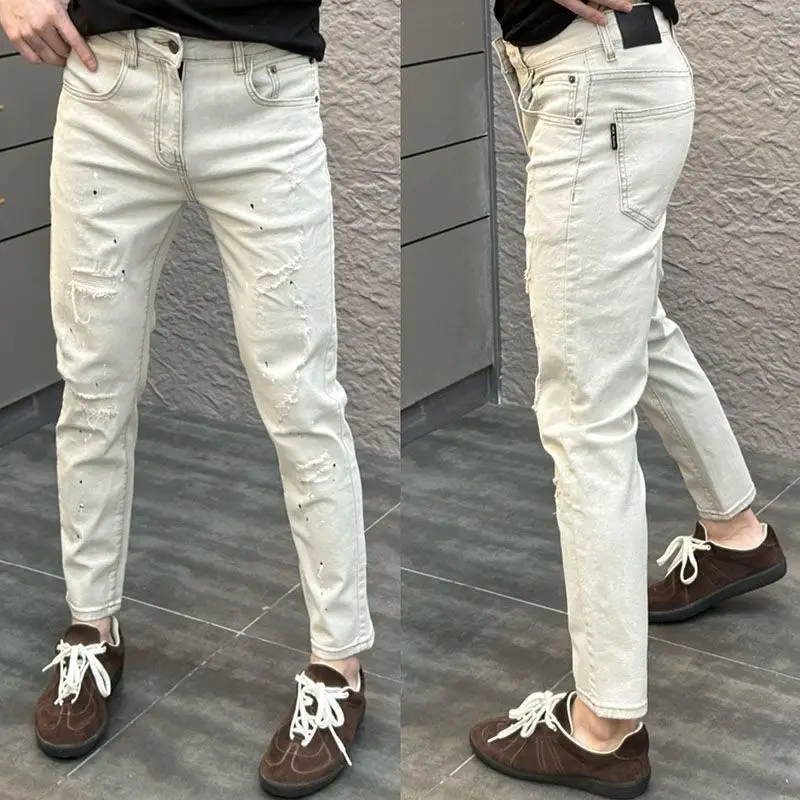 

Light Blue Ripped Denim Jeans Men's Slim Fit Elastic Versatile New Sle Patchwork Pants Casual Busin Leisure Long Pants