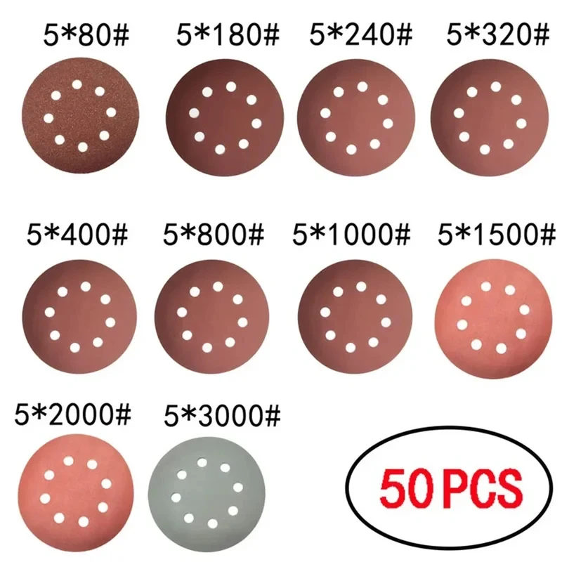 50 PCS Sanding Discs 125mm Round Shape Sandpaper 8 Hole Mixed Grit 80-3000 Hook And Loop Disk Sand Sheets Polishing Tools