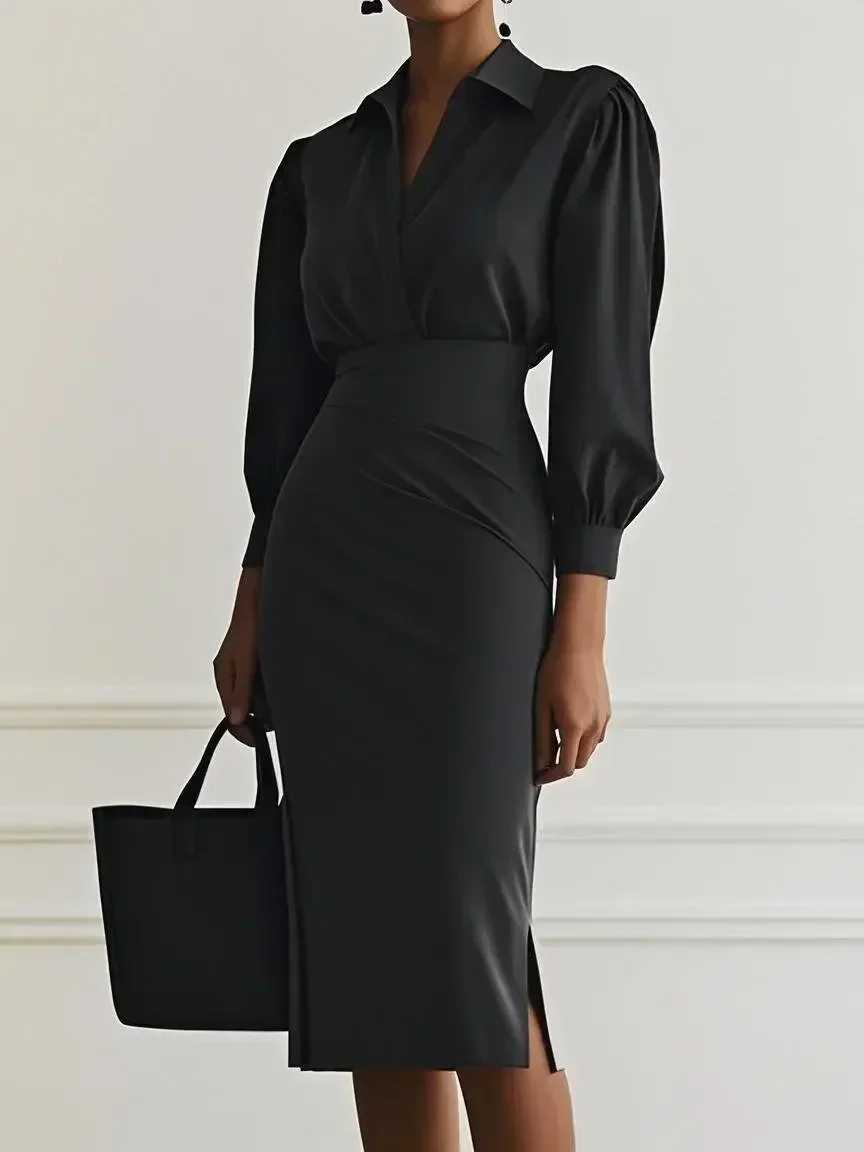 Damen Rüschenkleid mit V-Ausschnitt und Puffärmeln, Midi-Länge, Bleistiftschnitt, geraffte Taille, Schlitz, elegantes Bürokleid – Detail 3