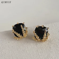 Metal Leaves Black Zircon Post Earrings For Women Elegant Fashion Jewelry Fancy New Styles Vintage Party Accessories Gifts C1658