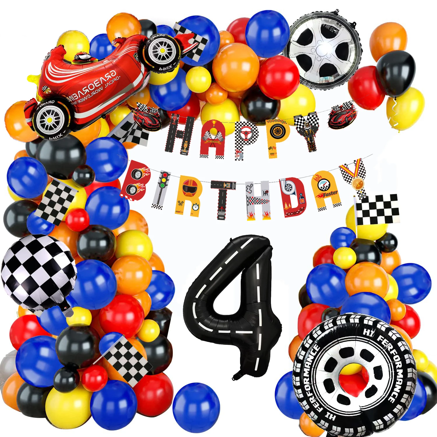 مجموعة قوس بالونات السباق الكل في واحد، تأتي مع علم سحب وأرقام لتزيين حفلات أعياد الميلاد