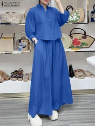 ZANZEA Fashion Women 3/4 Sleeve Shirt Wide Leg Trousers Suits Casual Pants Sets 2pcs Autumn Loose Outfits Elegant Work Tracksuit