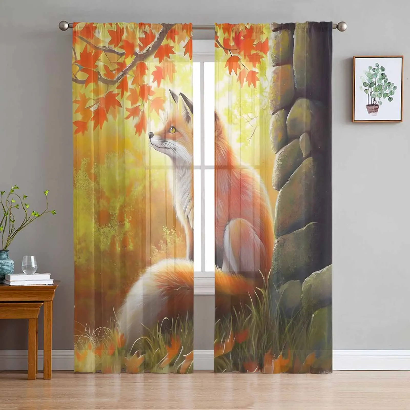 Autumn Maple Leaf Fox Window Tulle Curtains for Living Room Kitchen Modern Window Treatments Voile Curtains