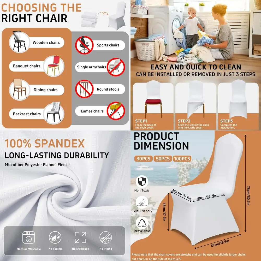 

50 Pack Stretch Chair Covers for Party Dining - White Spandex Slipcovers for Weddings and Events