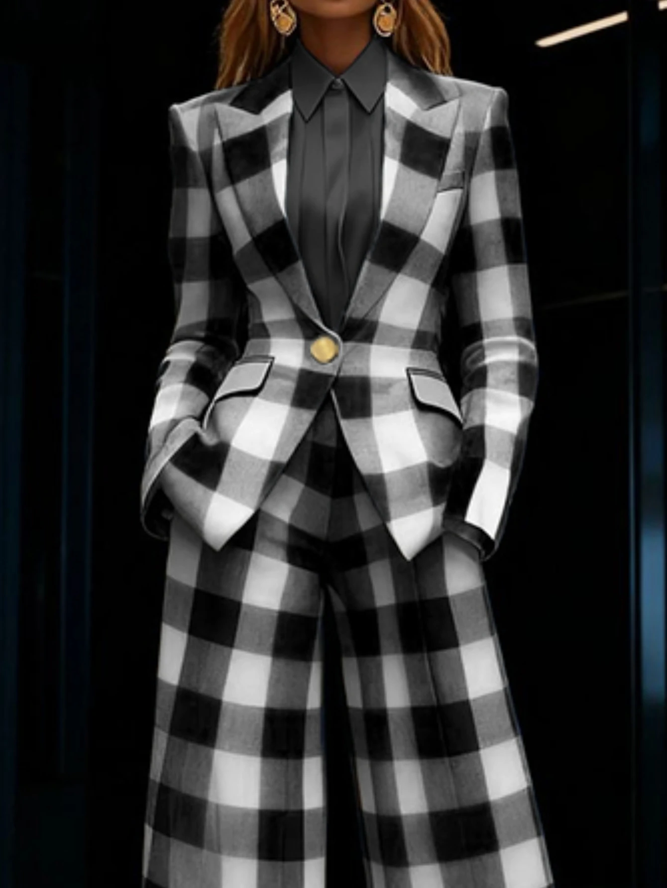 Plaid Print Lapel Single Button Blazer And High Waist Wide Leg Pants Two Piece Formal Business Matching Suit For Women Office Outfit Set